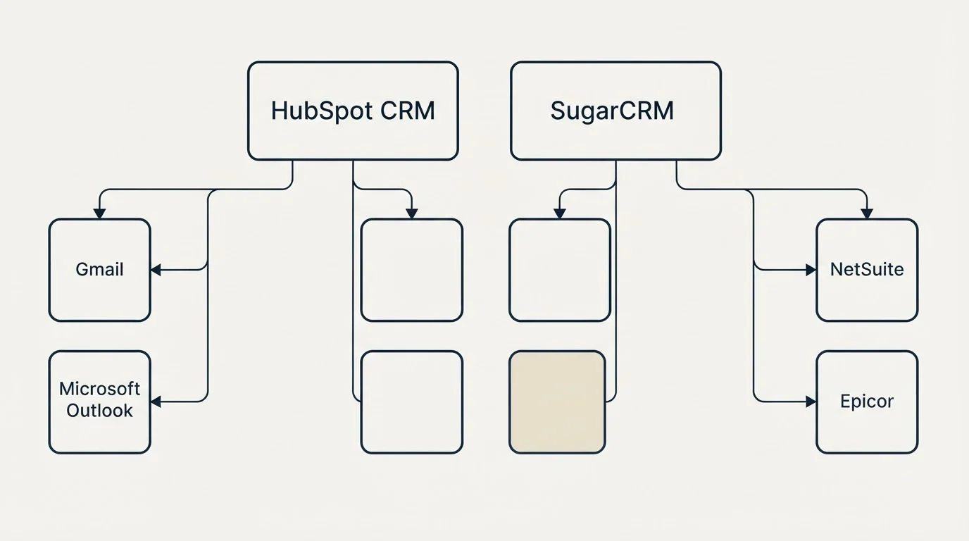 Integration grid: Integration Ecosystem (HubSpot CRM, SugarCRM, Gmail, NetSuite)