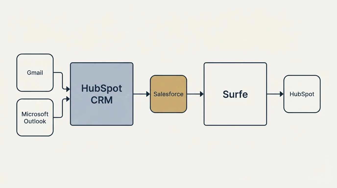 Integration schematic: Integration Ecosystem (HubSpot CRM, Surfe, Salesforce, Gmail)