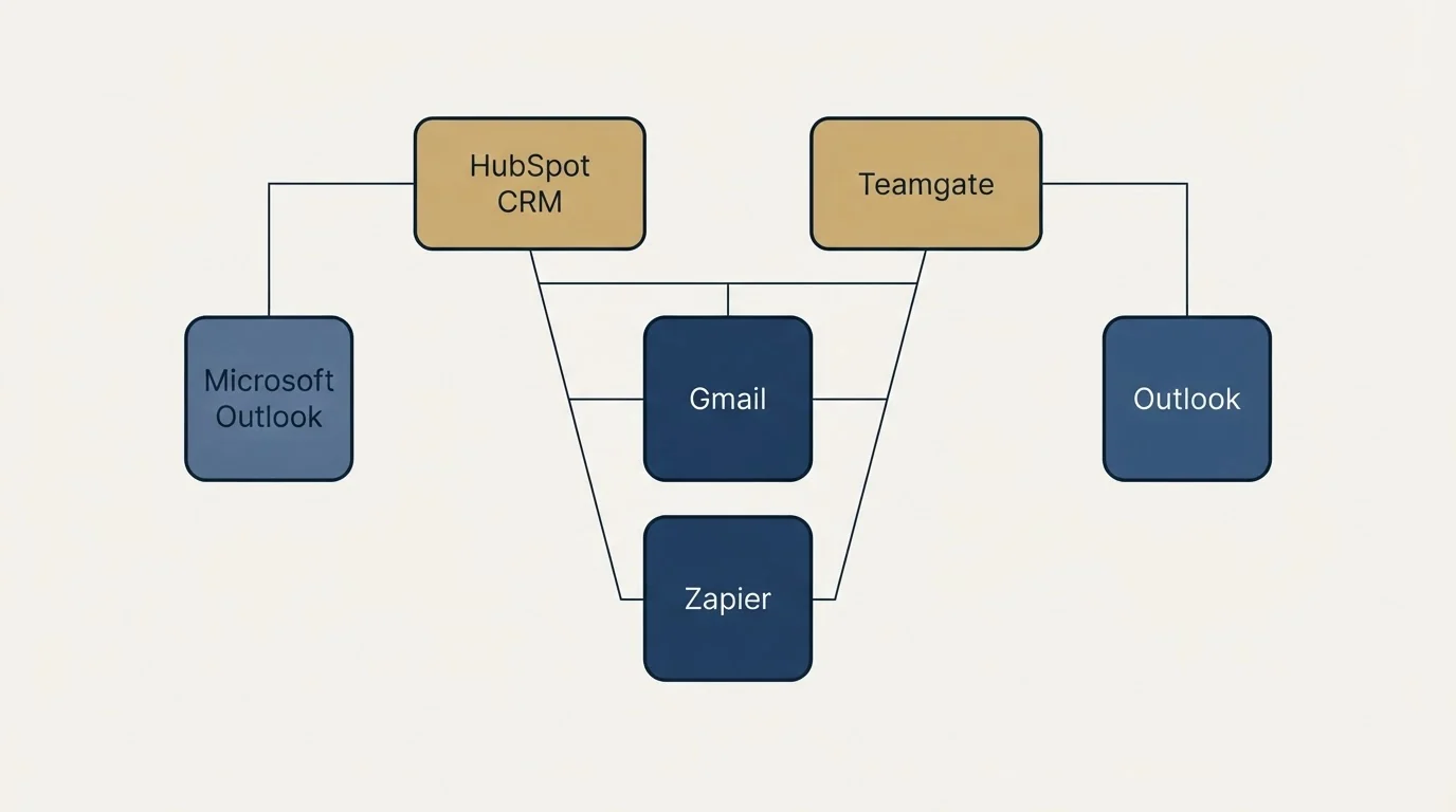 Integration grid: Integration Ecosystem (HubSpot CRM, Teamgate, Gmail, Zapier)