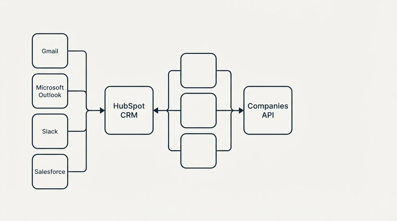Integration flow: Integration Ecosystem (HubSpot CRM, Companies API, Gmail, Microsoft Outlook)