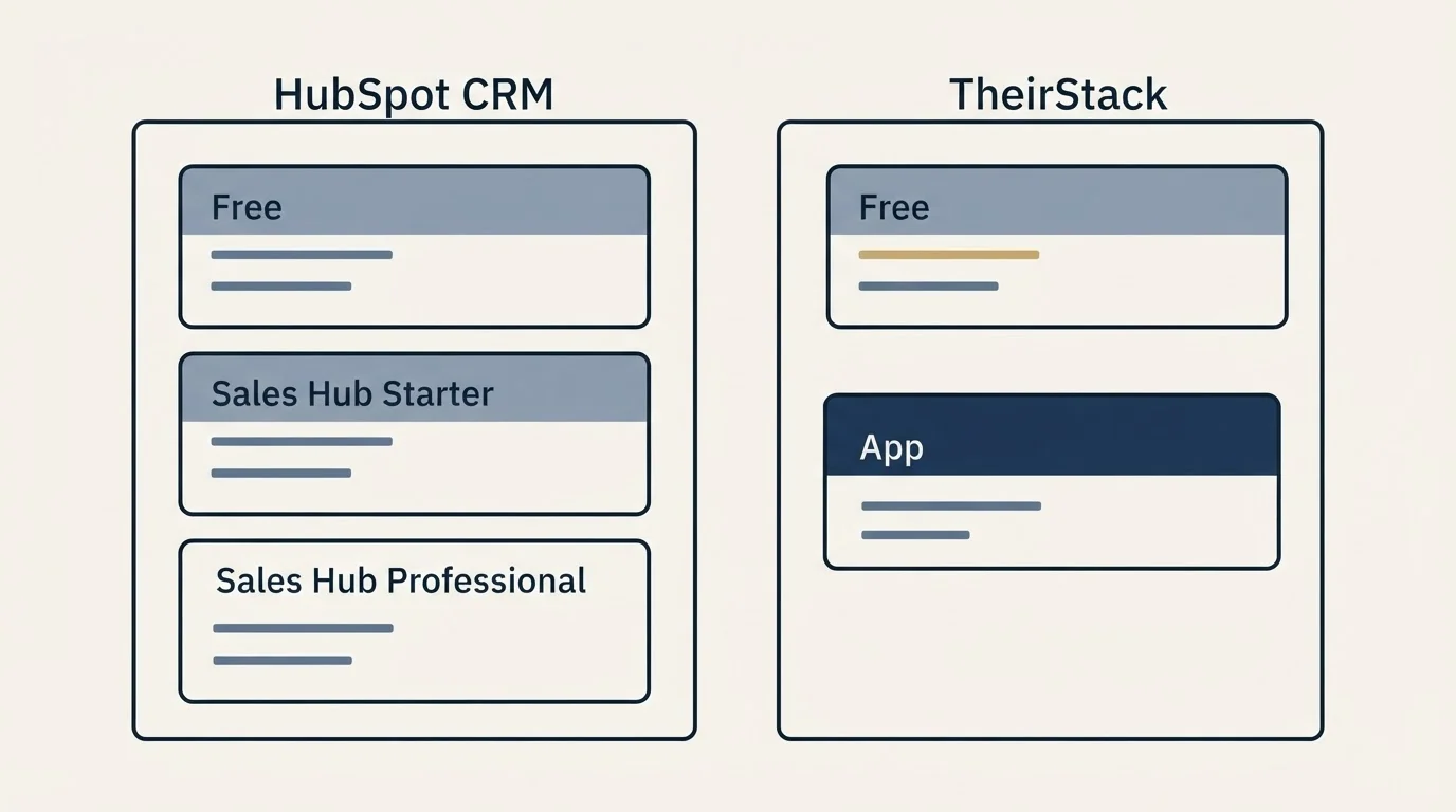 Pricing panels: Pricing Comparison (HubSpot CRM, TheirStack, Free, Sales Hub Starter)