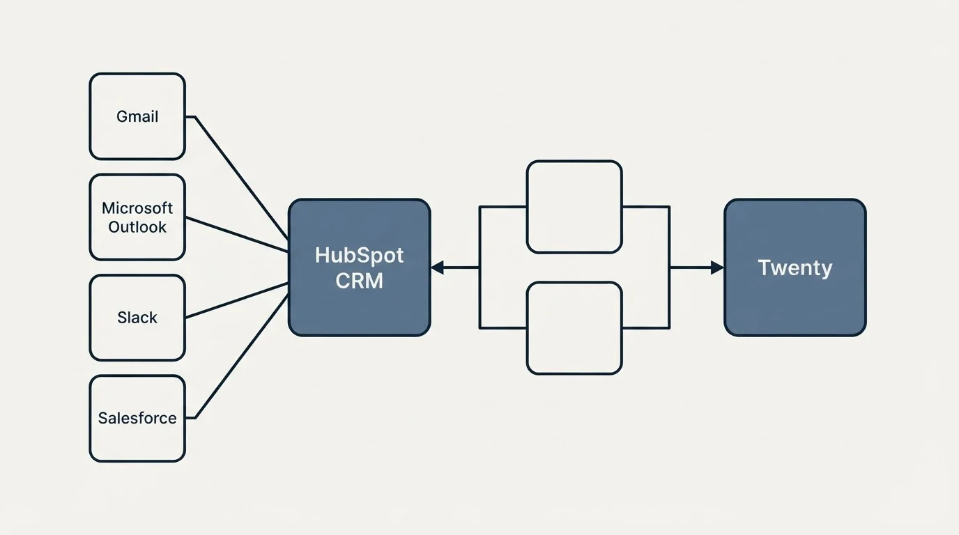 Integration flow: Integration Ecosystem (HubSpot CRM, Twenty, Gmail, Microsoft Outlook)