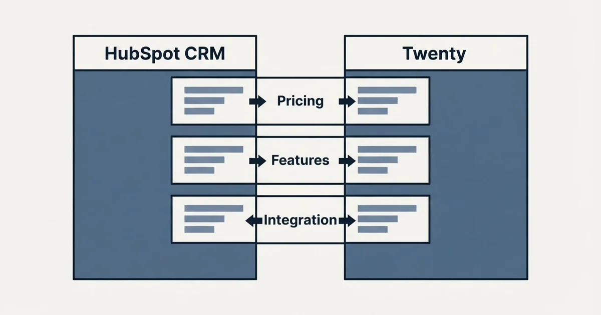 Comparison panel: HubSpot CRM vs Twenty (Pricing, Features, Integration)