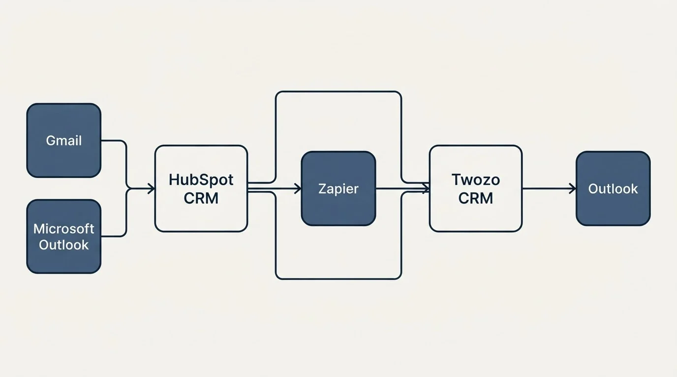 Integration flow: Integration Ecosystem (HubSpot CRM, Twozo CRM, Zapier, Gmail)