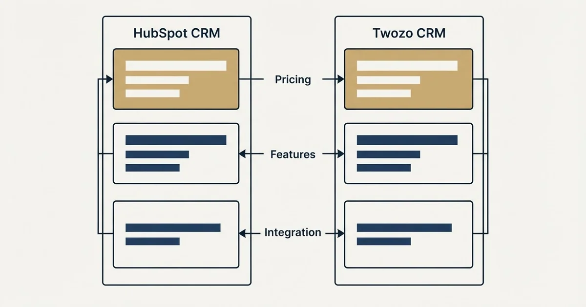 Comparison panel: HubSpot CRM vs Twozo CRM (Pricing, Features, Integration)