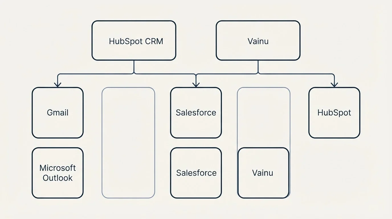 Integration grid: Integration Ecosystem (HubSpot CRM, Vainu, Salesforce, Gmail)