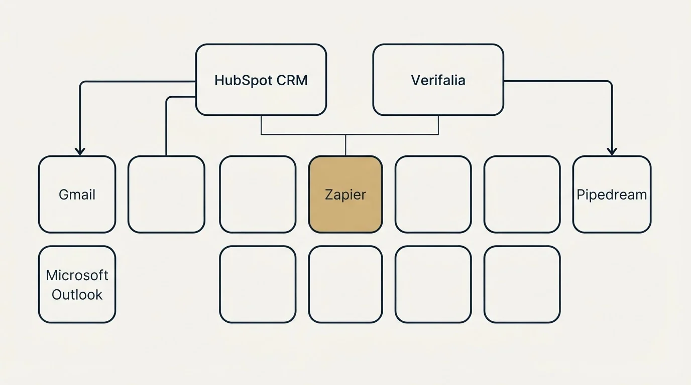 Integration grid: Integration Ecosystem (HubSpot CRM, Verifalia, Zapier, Gmail)