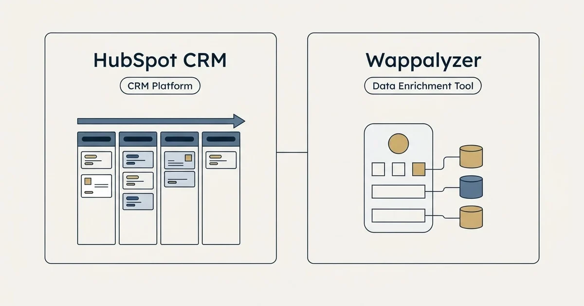 Side-by-side panels: HubSpot CRM vs Wappalyzer (CRM Platform, Data Enrichment Tool)