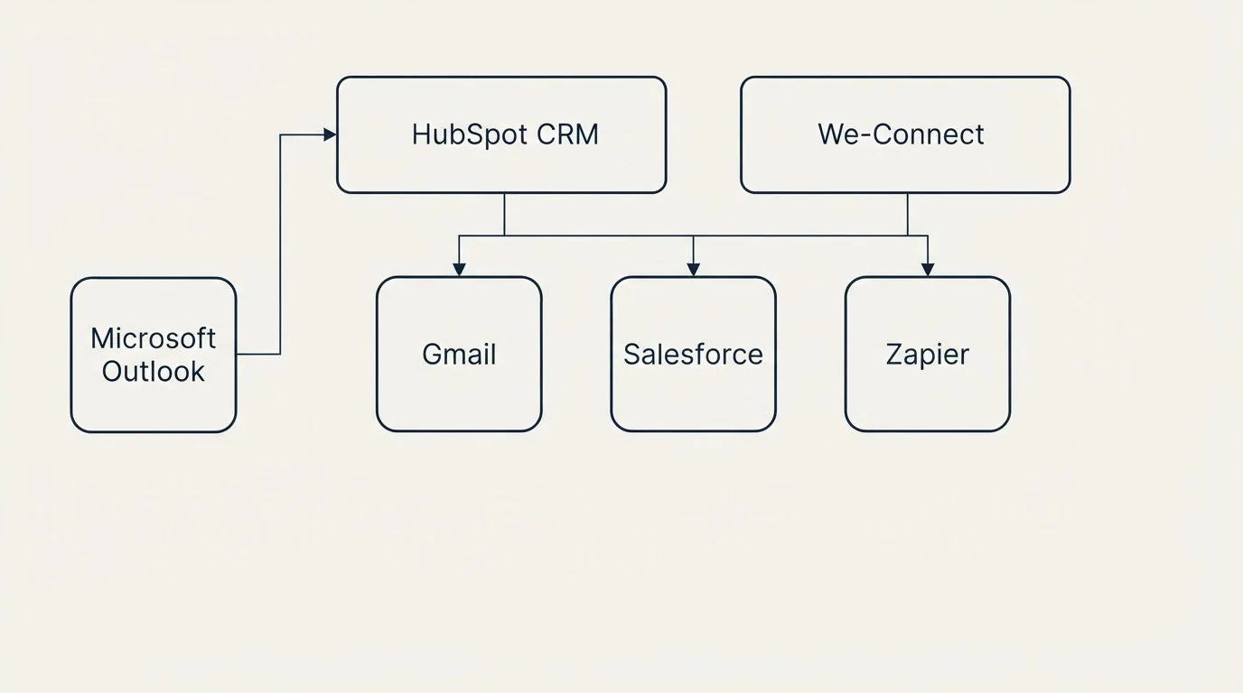 Integration grid: Integration Ecosystem (HubSpot CRM, We-Connect, Gmail, Salesforce)