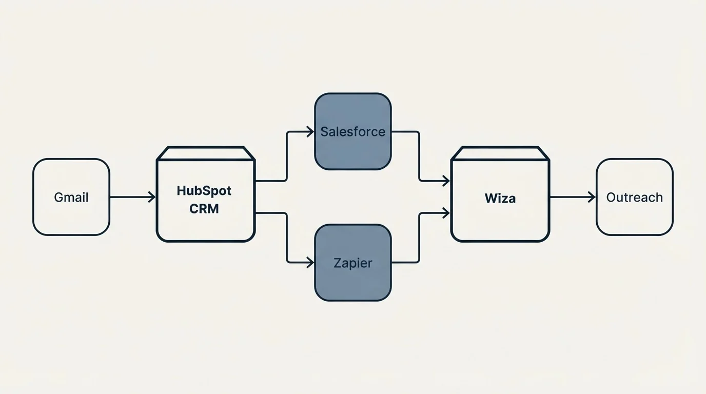 Integration flow: Integration Ecosystem (HubSpot CRM, Wiza, Salesforce, Zapier)