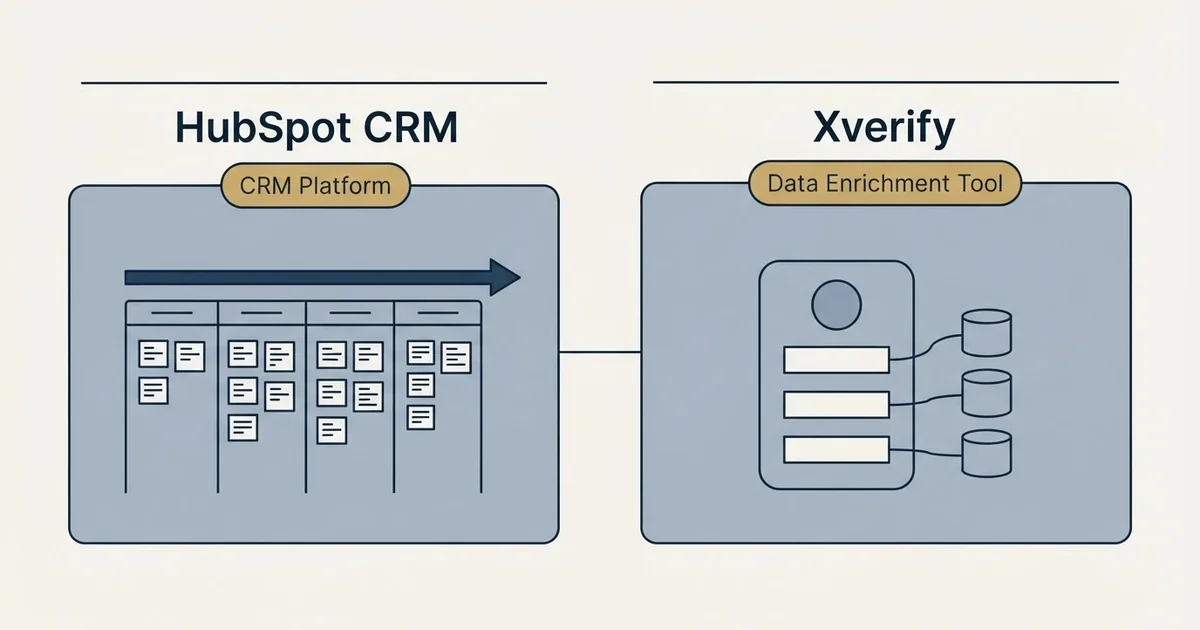 Side-by-side panels: HubSpot CRM vs Xverify (CRM Platform, Data Enrichment Tool)