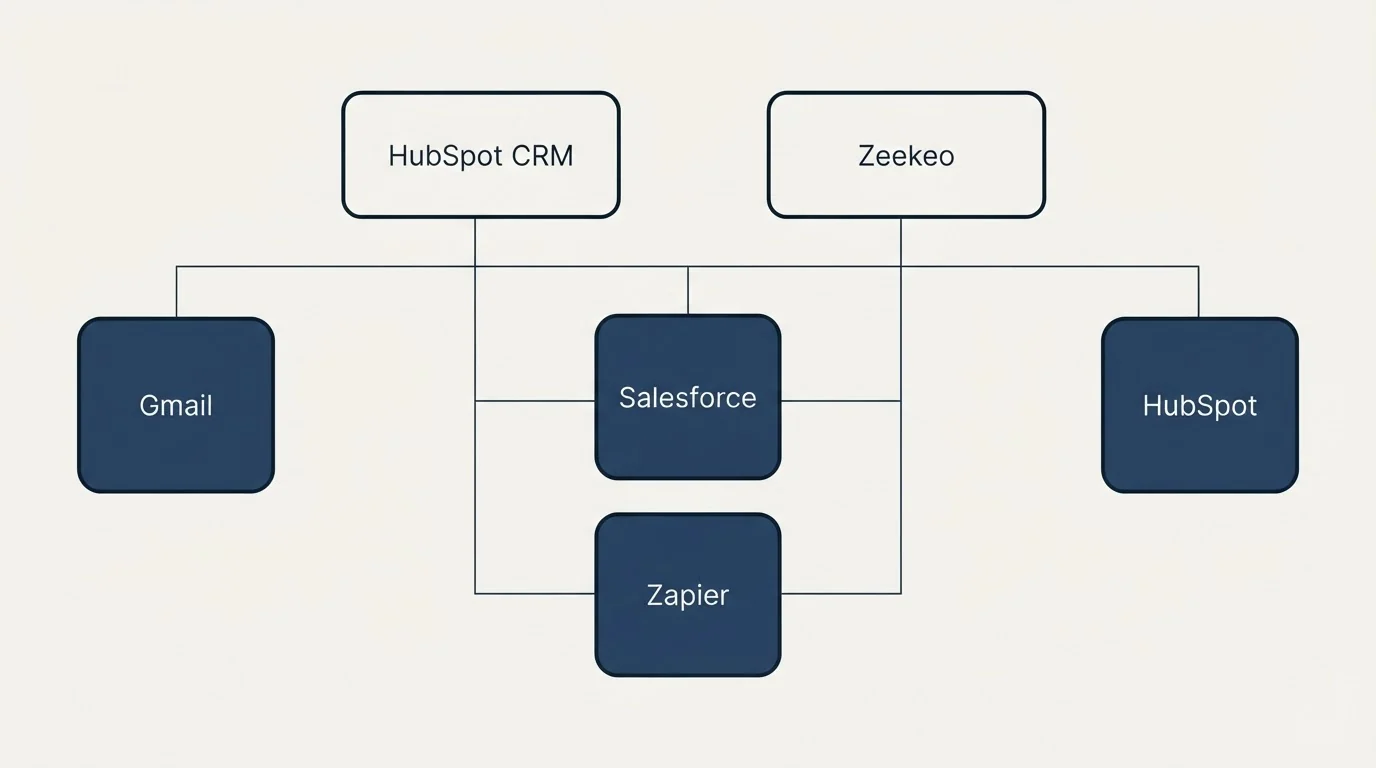 Integration grid: Integration Ecosystem (HubSpot CRM, Zeekeo, Salesforce, Zapier)