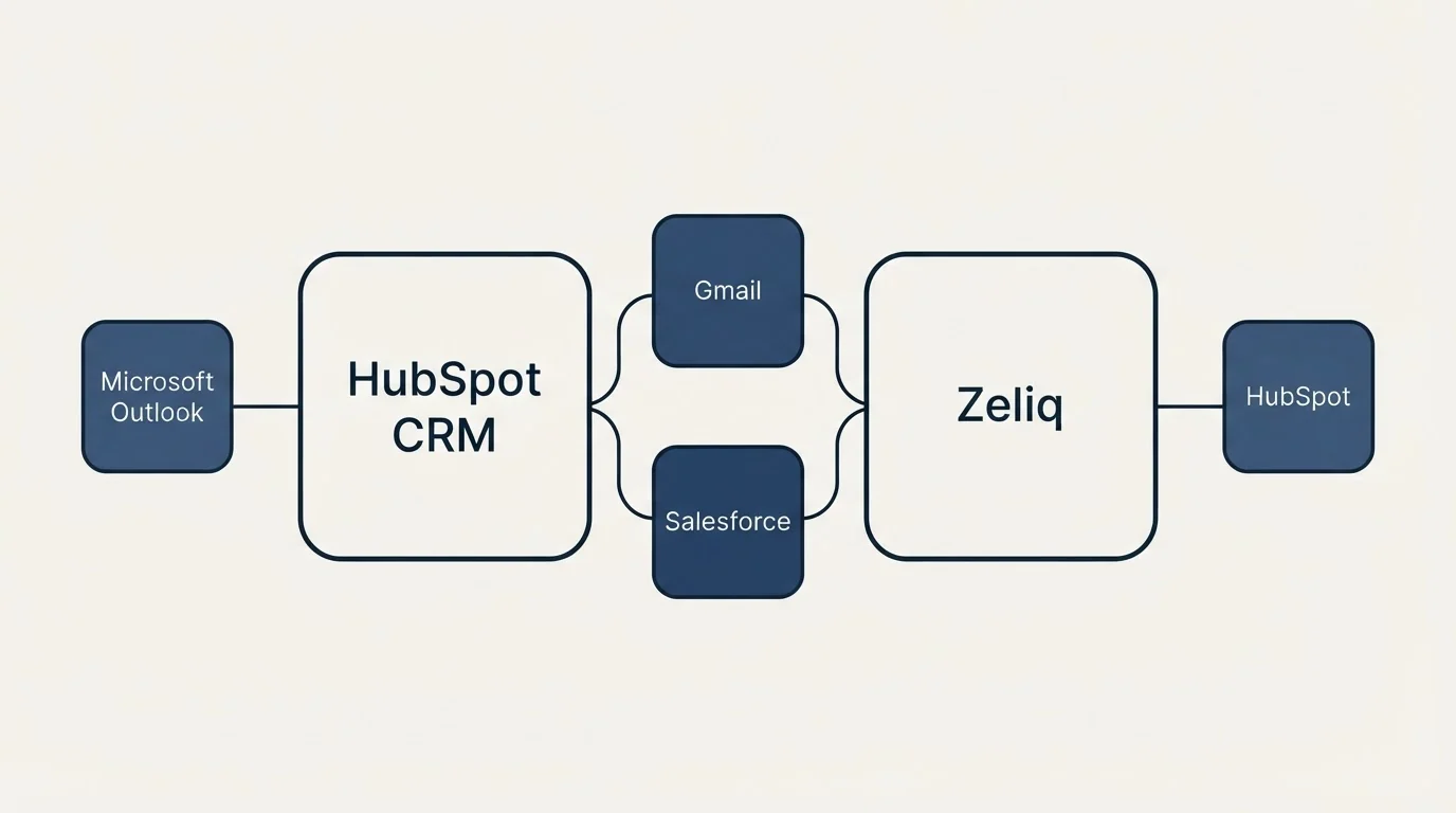 Integration schematic: Integration Ecosystem (HubSpot CRM, Zeliq, Gmail, Salesforce)