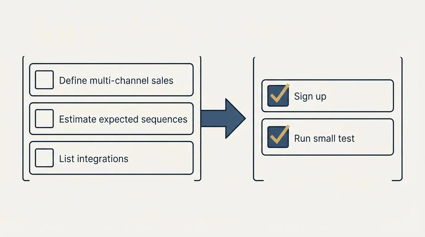 Before-and-after steps: Getting Started Checklist (Define multi-channel sales, Estimate expected sequences, List integrations, Sign up)
