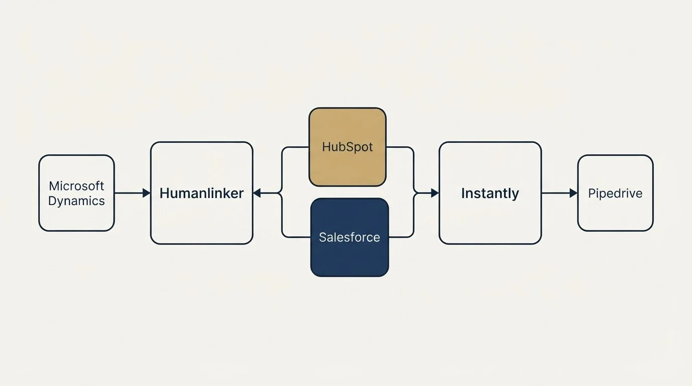 Integration schematic: Integration Ecosystem (Humanlinker, Instantly, HubSpot, Salesforce)