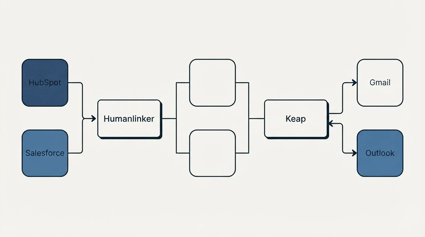 Integration flow: Integration Ecosystem (Humanlinker, Keap, HubSpot, Gmail)