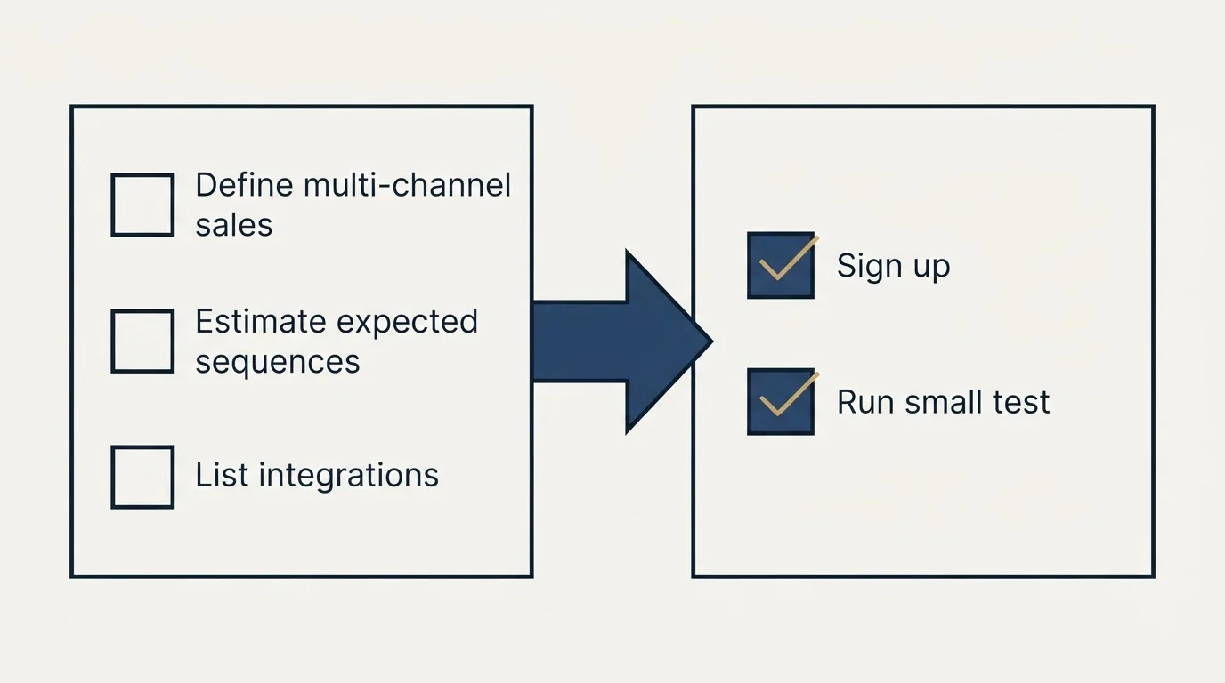 Before-and-after steps: Getting Started Checklist (Define multi-channel sales, Estimate expected sequences, List integrations, Sign up)