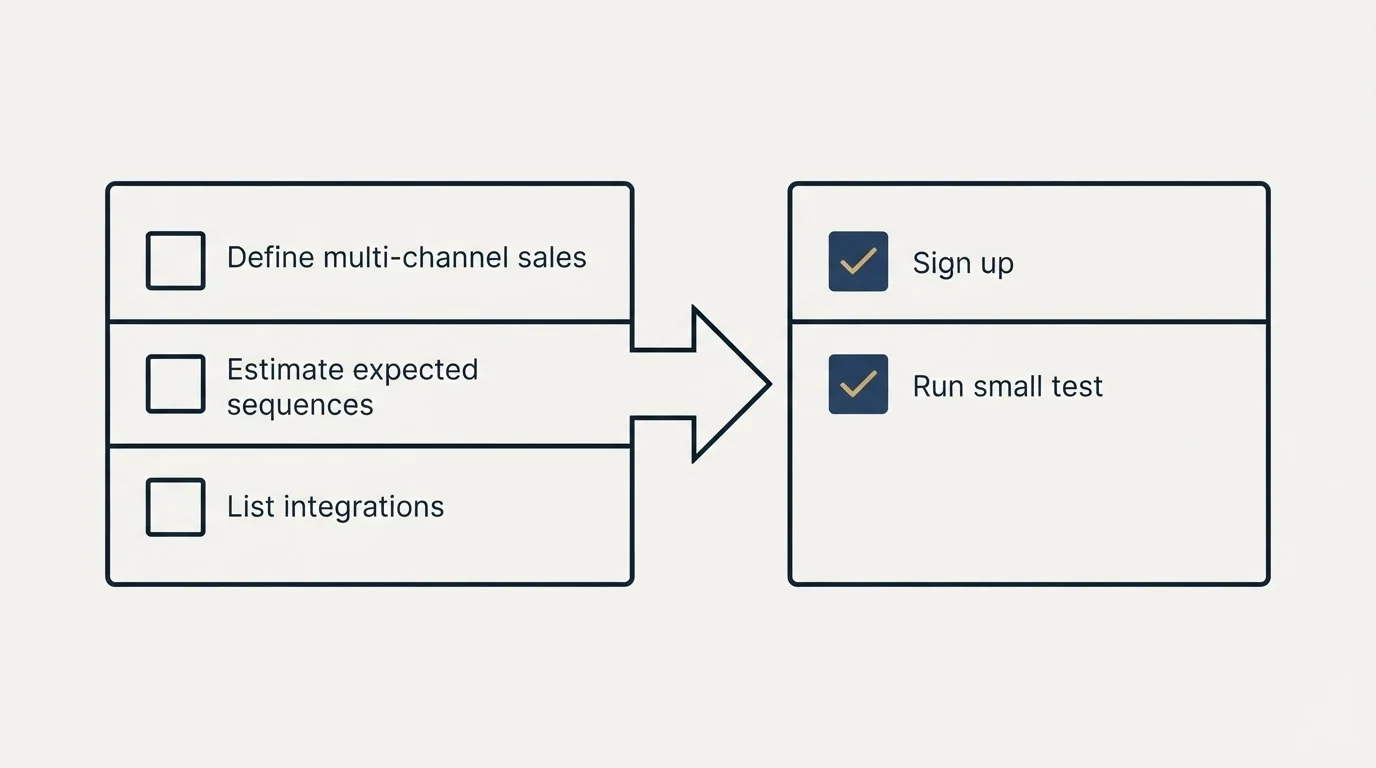 Before-and-after steps: Getting Started Checklist (Define multi-channel sales, Estimate expected sequences, List integrations, Sign up)