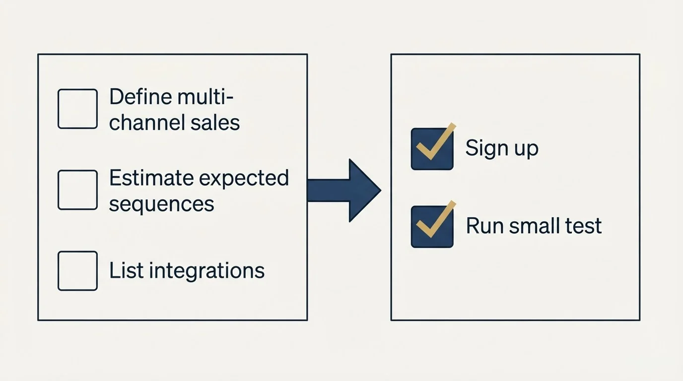 Before-and-after steps: Getting Started Checklist (Define multi-channel sales, Estimate expected sequences, List integrations, Sign up)