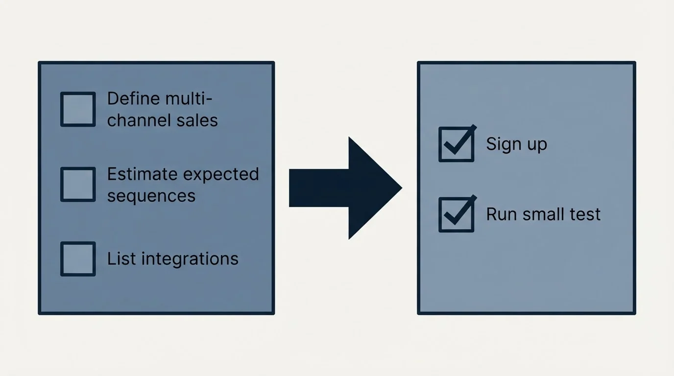 Before-and-after steps: Getting Started Checklist (Define multi-channel sales, Estimate expected sequences, List integrations, Sign up)