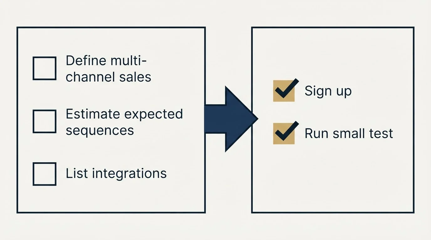 Before-and-after steps: Getting Started Checklist (Define multi-channel sales, Estimate expected sequences, List integrations, Sign up)