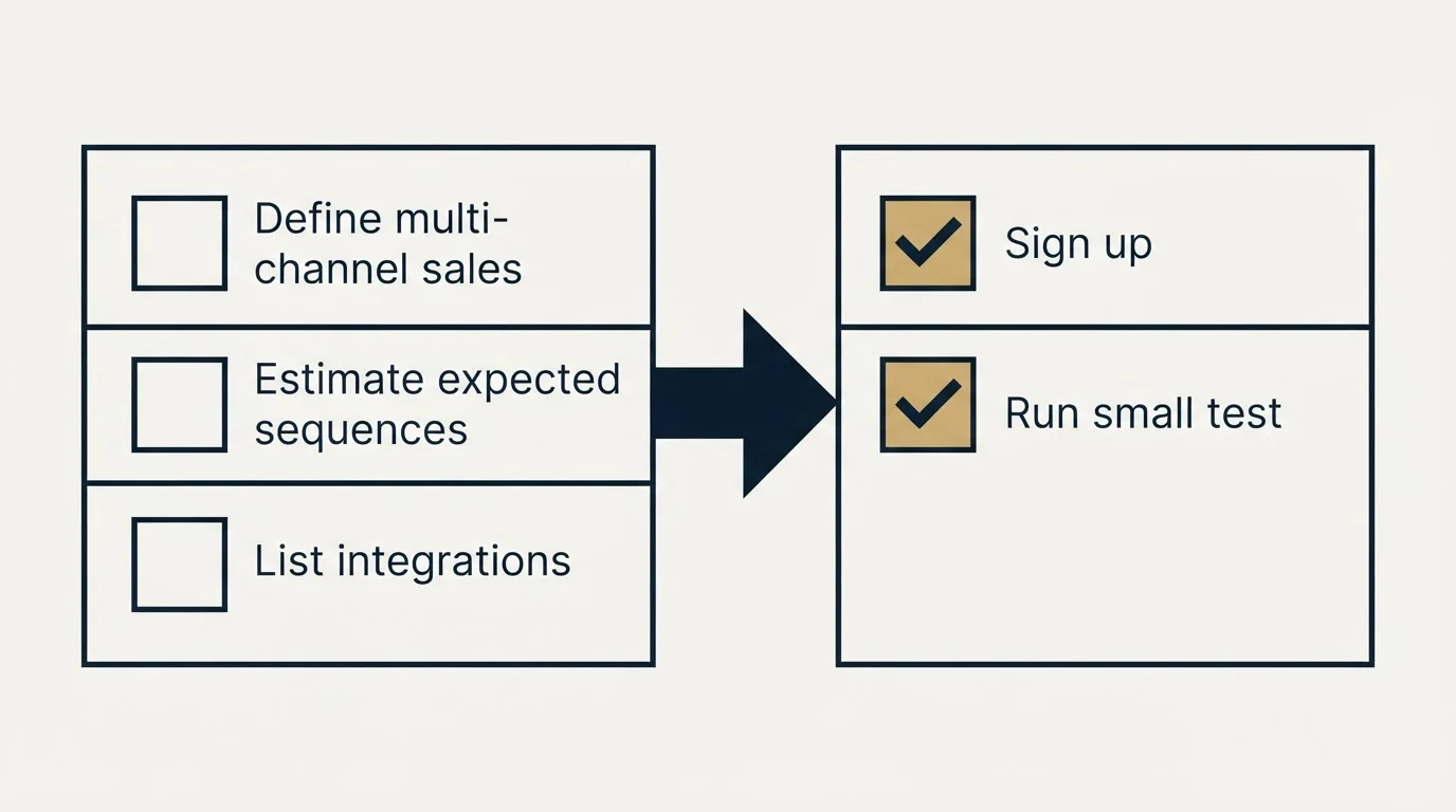 Before-and-after steps: Getting Started Checklist (Define multi-channel sales, Estimate expected sequences, List integrations, Sign up)