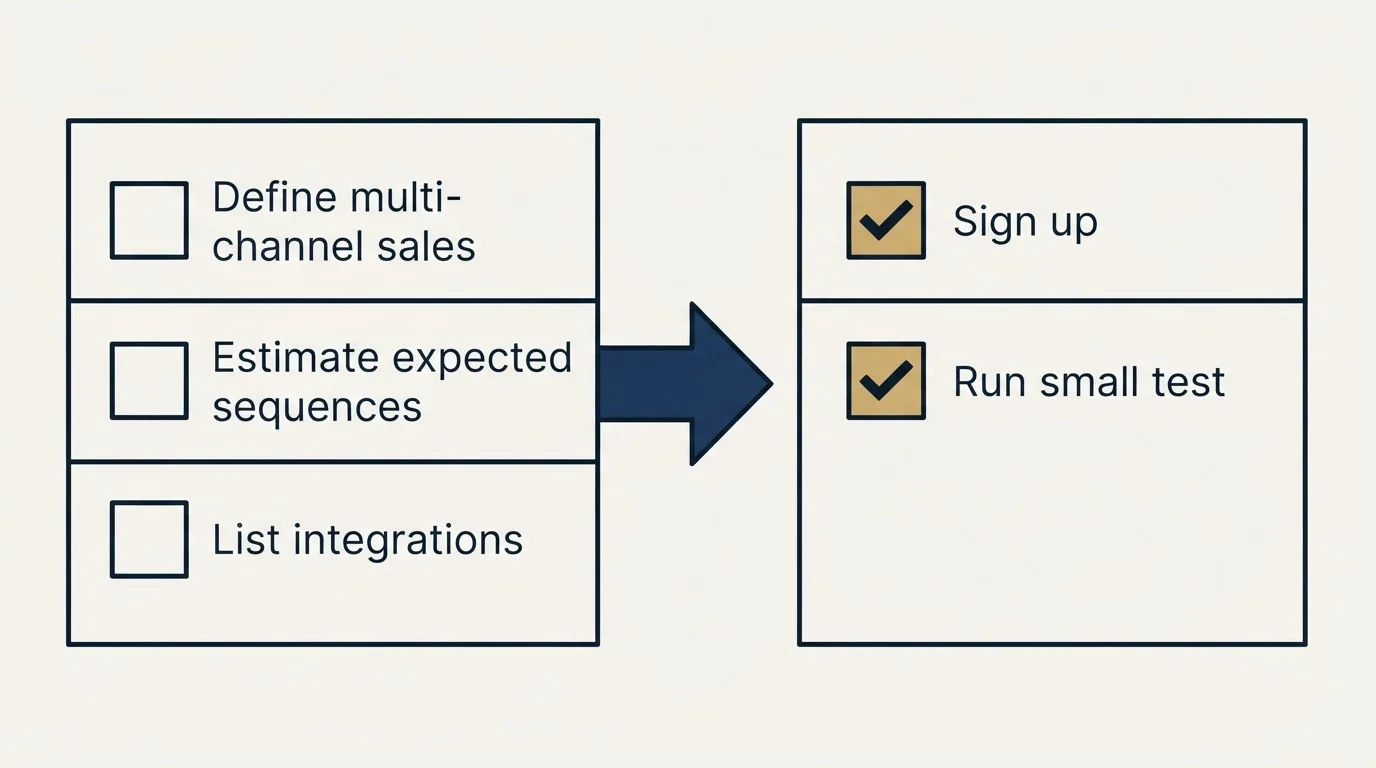 Before-and-after steps: Getting Started Checklist (Define multi-channel sales, Estimate expected sequences, List integrations, Sign up)