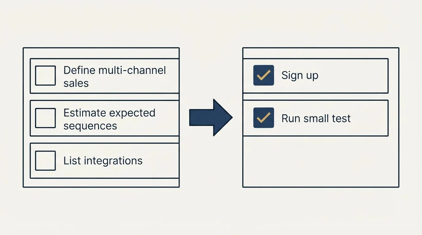 Before-and-after steps: Getting Started Checklist (Define multi-channel sales, Estimate expected sequences, List integrations, Sign up)