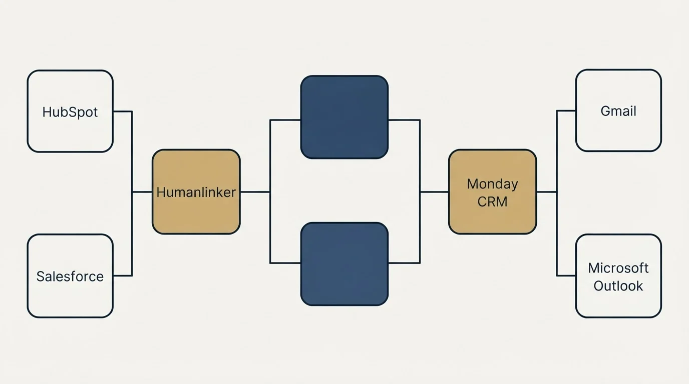 Integration flow: Integration Ecosystem (Humanlinker, Monday CRM, HubSpot, Gmail)