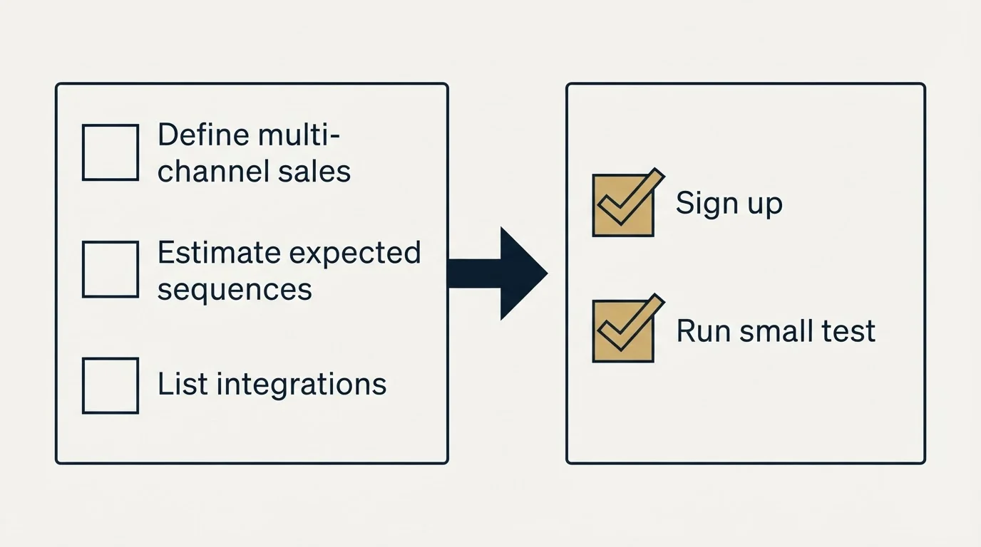 Before-and-after steps: Getting Started Checklist (Define multi-channel sales, Estimate expected sequences, List integrations, Sign up)