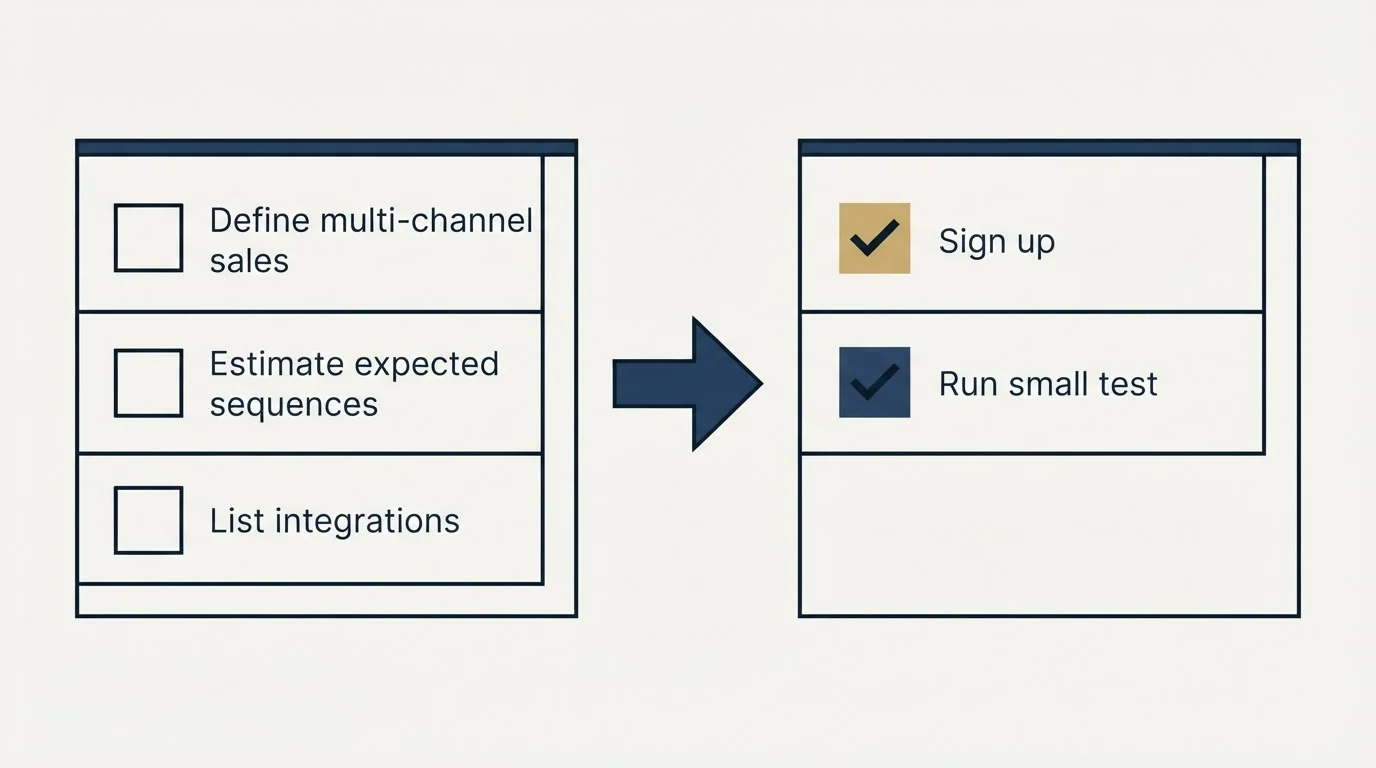 Before-and-after steps: Getting Started Checklist (Define multi-channel sales, Estimate expected sequences, List integrations, Sign up)