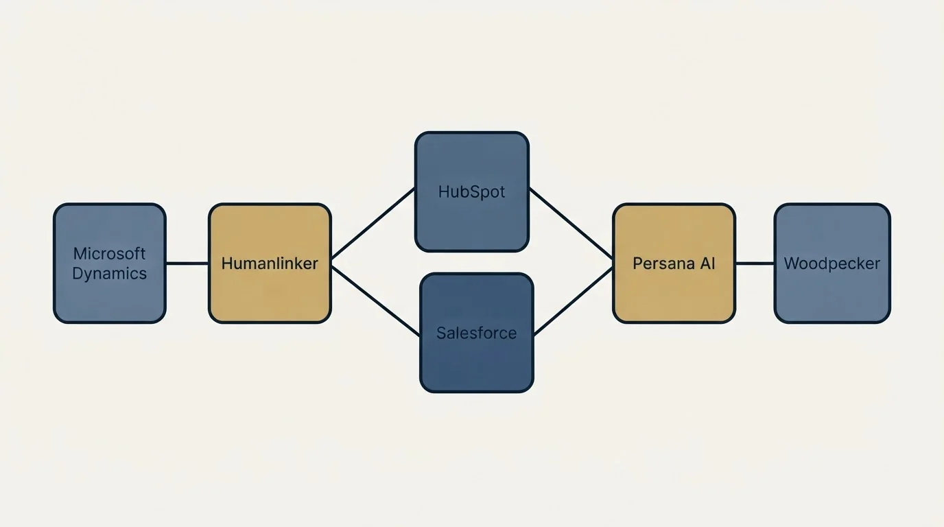 Integration schematic: Integration Ecosystem (Humanlinker, Persana AI, HubSpot, Salesforce)