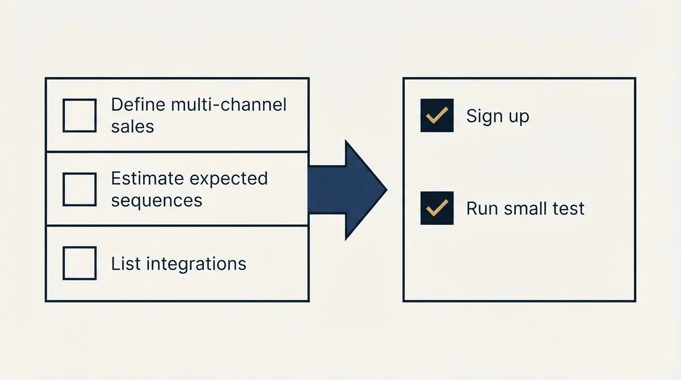 Before-and-after steps: Getting Started Checklist (Define multi-channel sales, Estimate expected sequences, List integrations, Sign up)