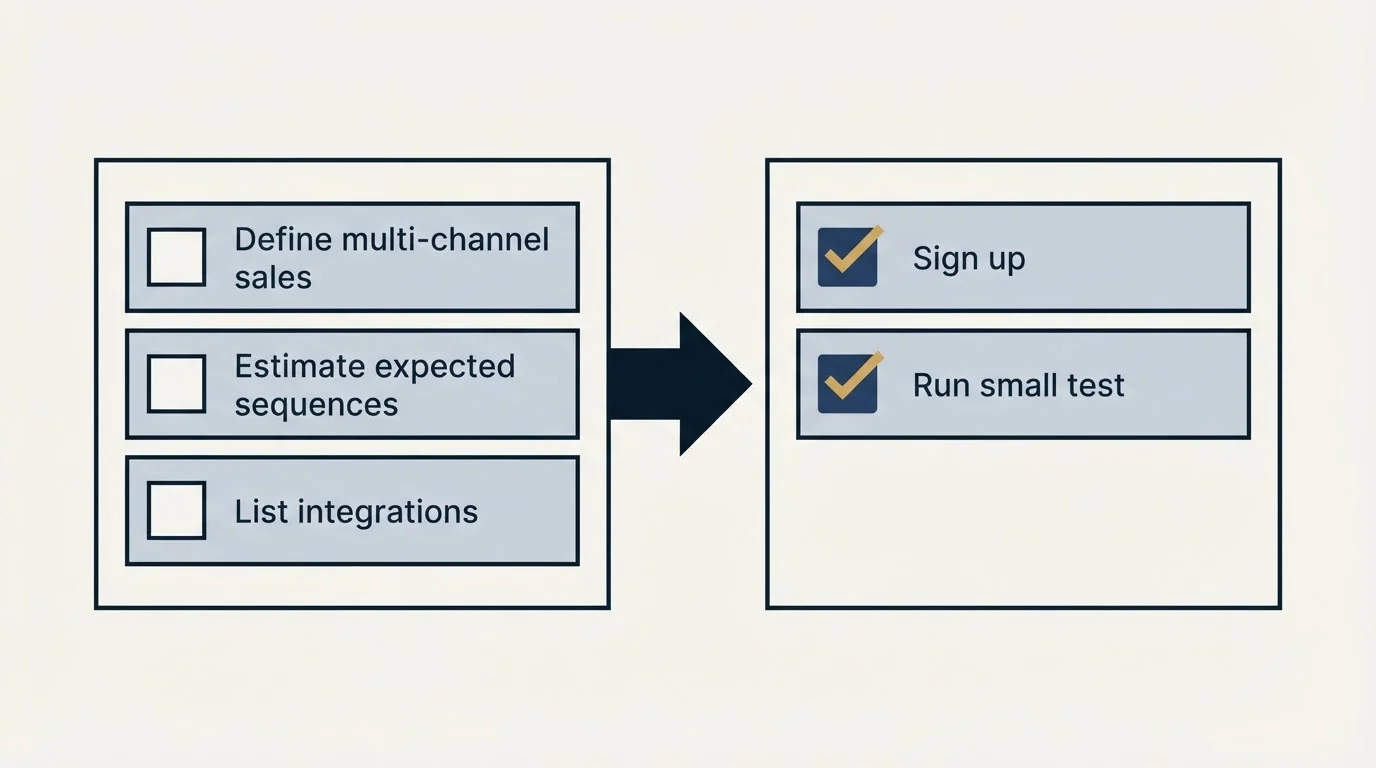 Before-and-after steps: Getting Started Checklist (Define multi-channel sales, Estimate expected sequences, List integrations, Sign up)