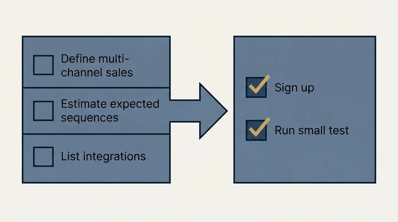 Before-and-after steps: Getting Started Checklist (Define multi-channel sales, Estimate expected sequences, List integrations, Sign up)