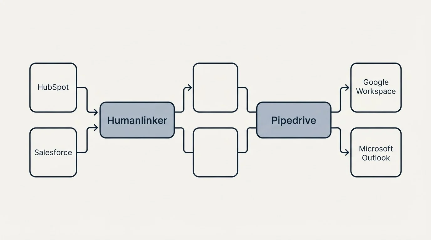 Integration schematic: Integration Ecosystem (Humanlinker, Pipedrive, HubSpot, Google Workspace)