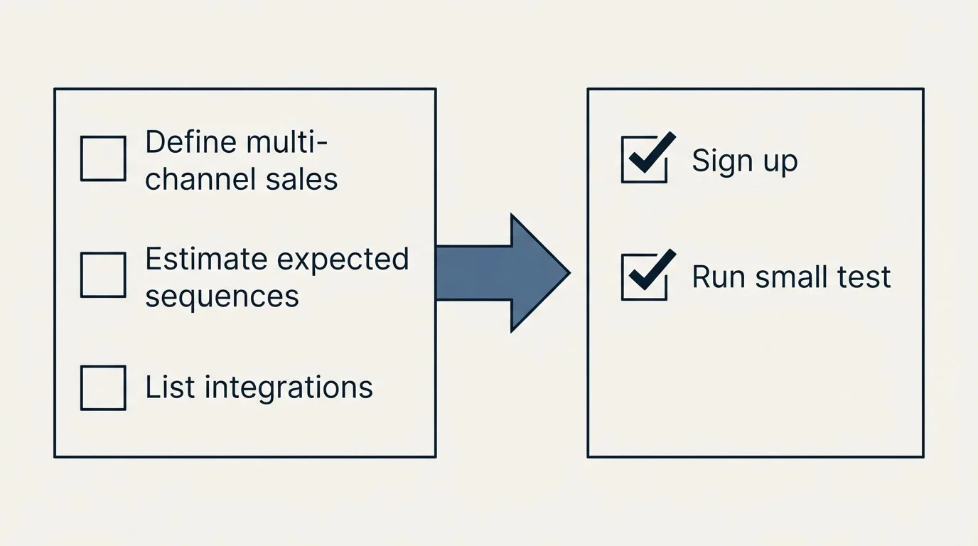 Before-and-after steps: Getting Started Checklist (Define multi-channel sales, Estimate expected sequences, List integrations, Sign up)