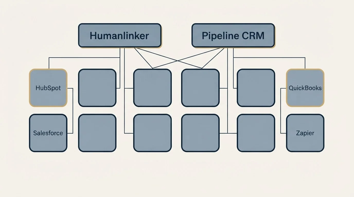 Integration grid: Integration Ecosystem (Humanlinker, Pipeline CRM, HubSpot, QuickBooks)