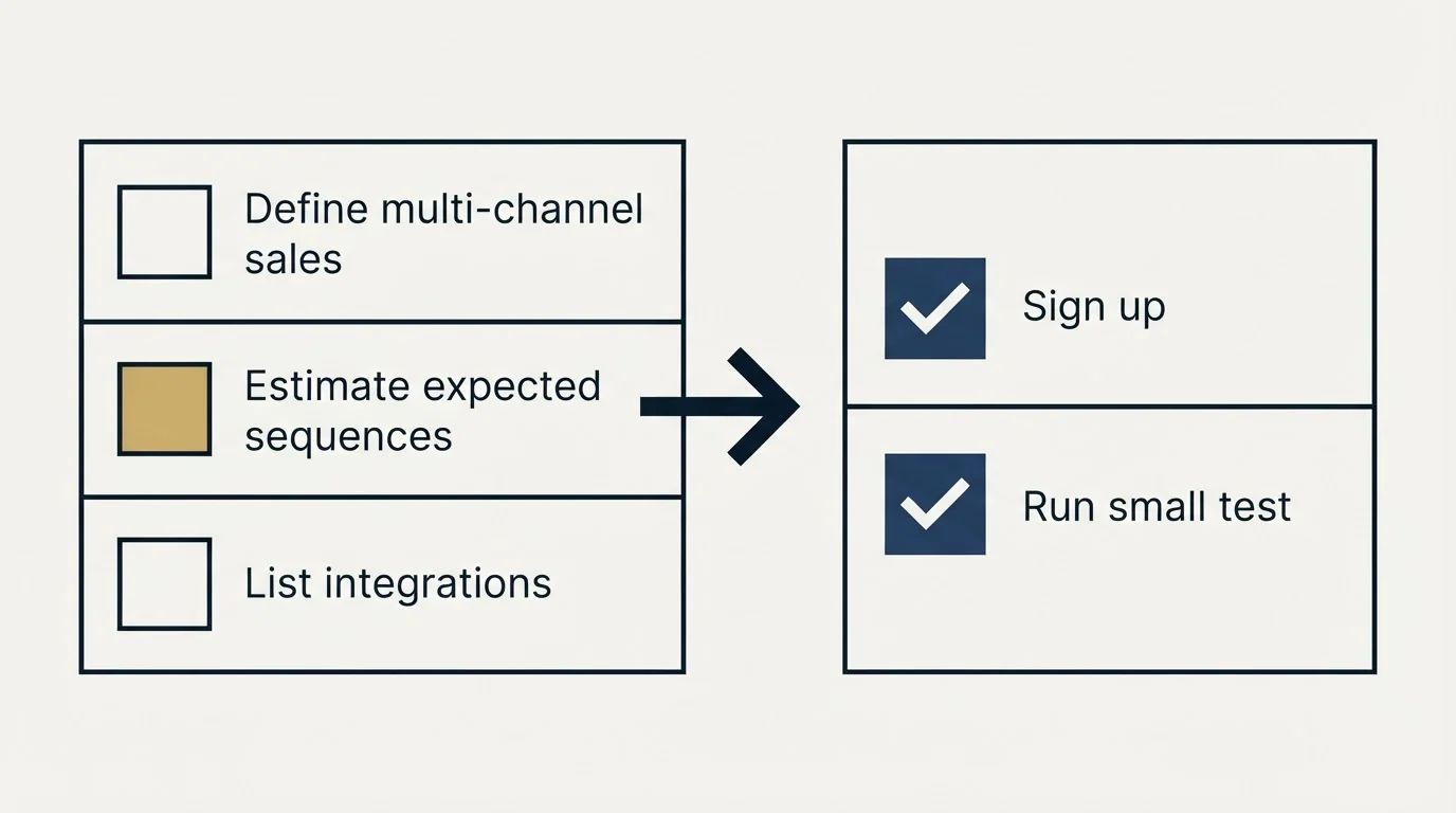 Before-and-after steps: Getting Started Checklist (Define multi-channel sales, Estimate expected sequences, List integrations, Sign up)