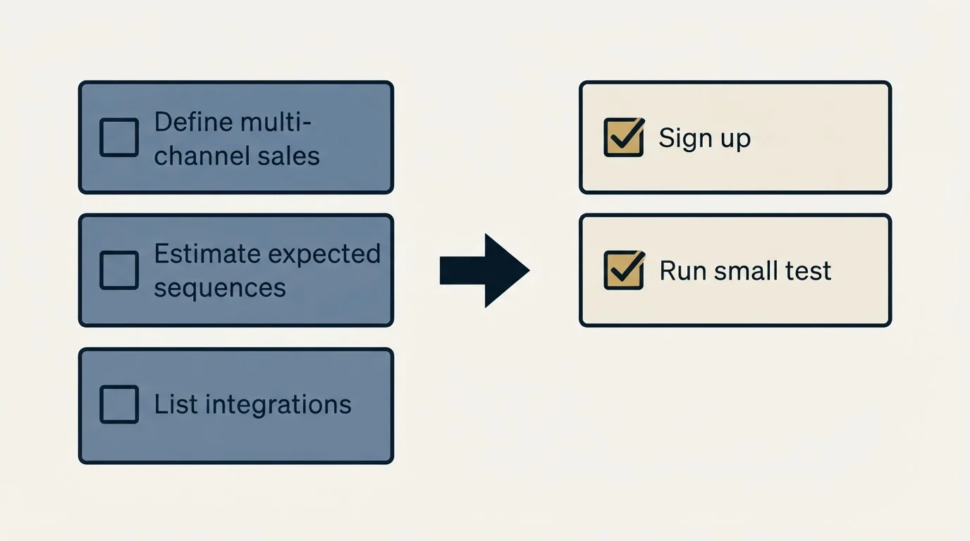 Before-and-after steps: Getting Started Checklist (Define multi-channel sales, Estimate expected sequences, List integrations, Sign up)