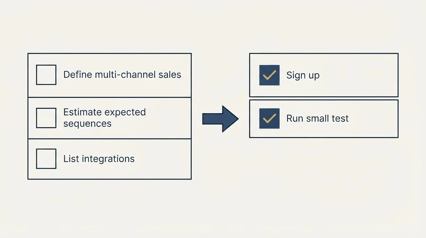 Before-and-after steps: Getting Started Checklist (Define multi-channel sales, Estimate expected sequences, List integrations, Sign up)