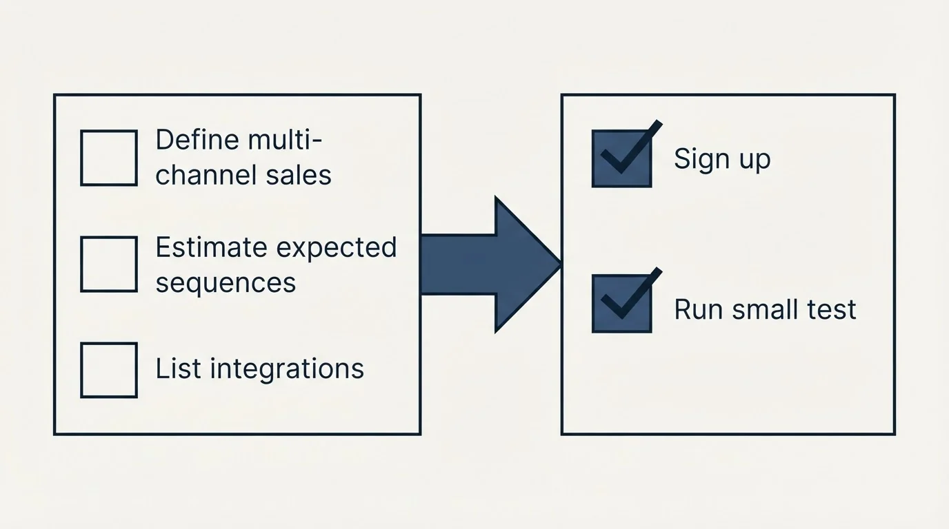Before-and-after steps: Getting Started Checklist (Define multi-channel sales, Estimate expected sequences, List integrations, Sign up)