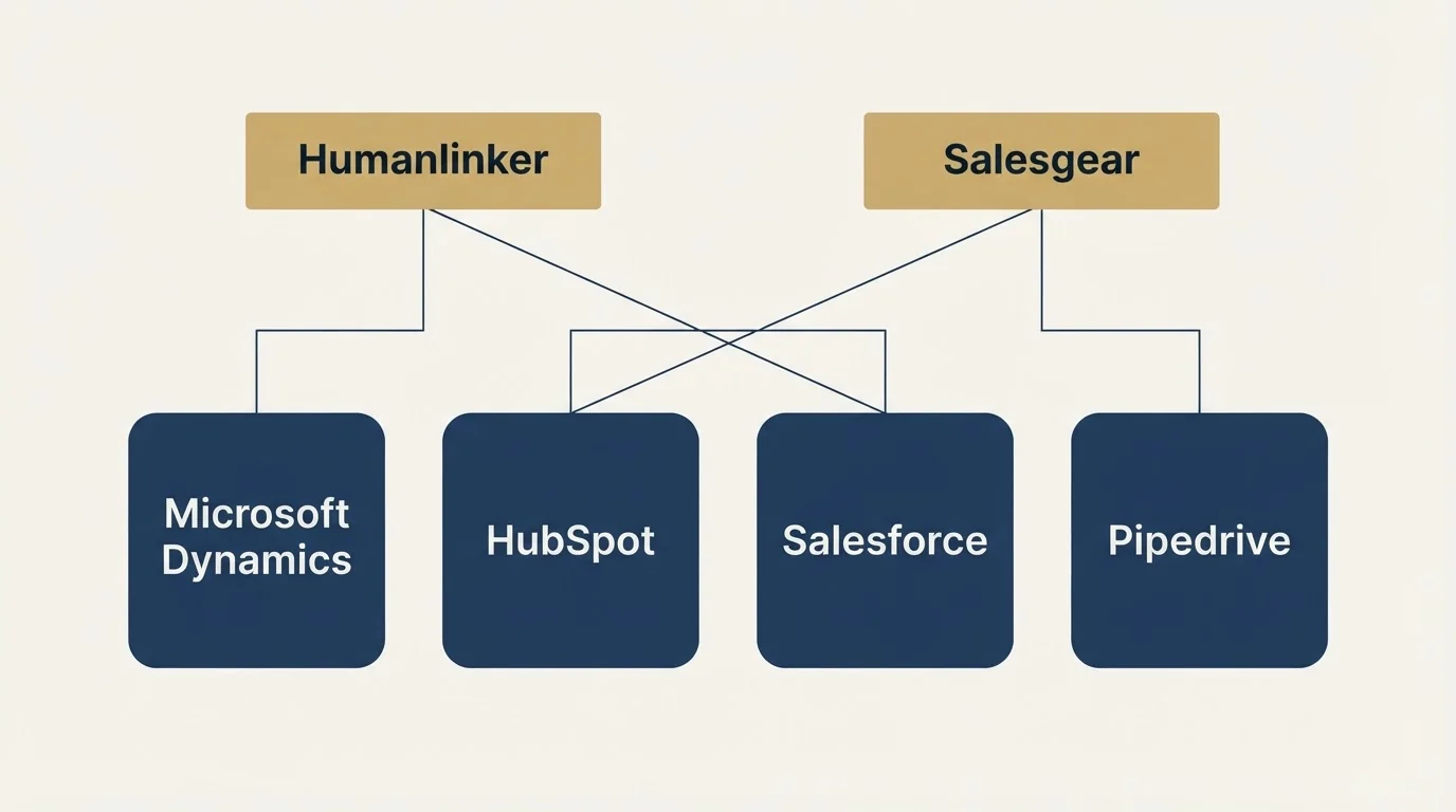 Integration grid: Integration Ecosystem (Humanlinker, Salesgear, HubSpot, Salesforce)
