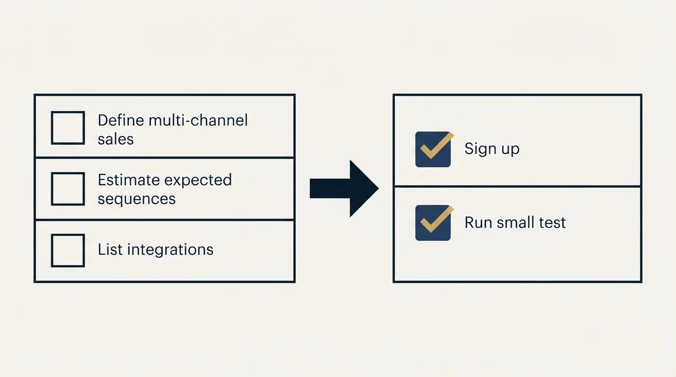 Before-and-after steps: Getting Started Checklist (Define multi-channel sales, Estimate expected sequences, List integrations, Sign up)