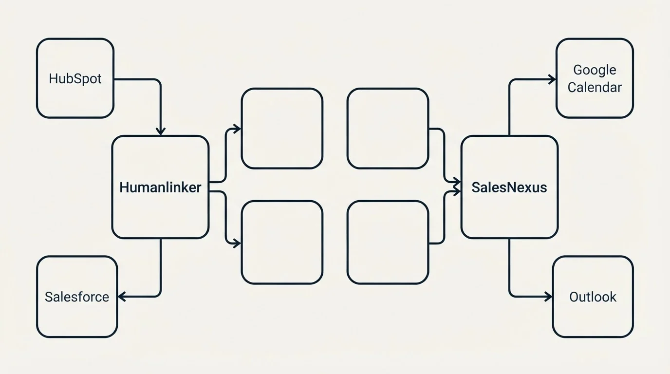 Integration schematic: Integration Ecosystem (Humanlinker, SalesNexus, HubSpot, Google Calendar)