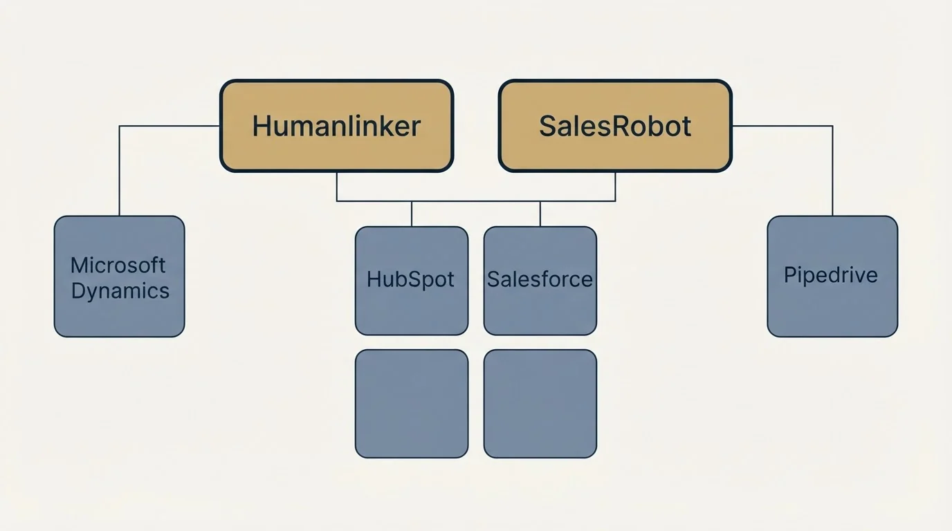 Integration grid: Integration Ecosystem (Humanlinker, SalesRobot, HubSpot, Salesforce)