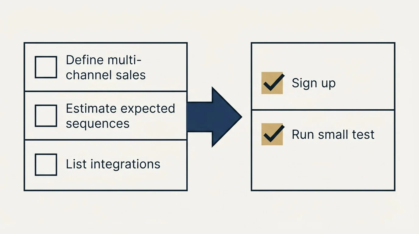 Before-and-after steps: Getting Started Checklist (Define multi-channel sales, Estimate expected sequences, List integrations, Sign up)