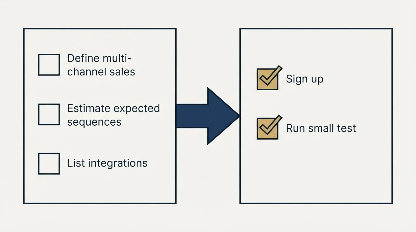 Before-and-after steps: Getting Started Checklist (Define multi-channel sales, Estimate expected sequences, List integrations, Sign up)