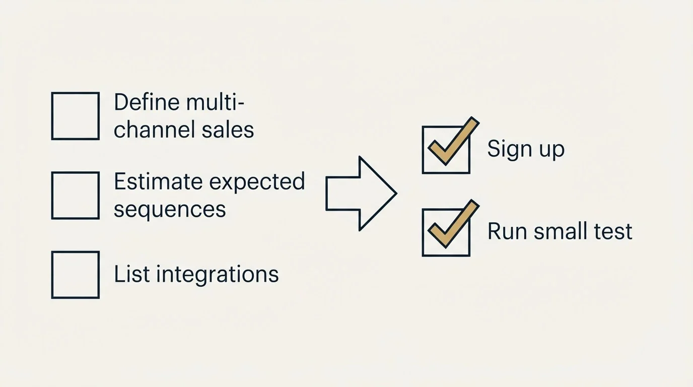 Before-and-after steps: Getting Started Checklist (Define multi-channel sales, Estimate expected sequences, List integrations, Sign up)