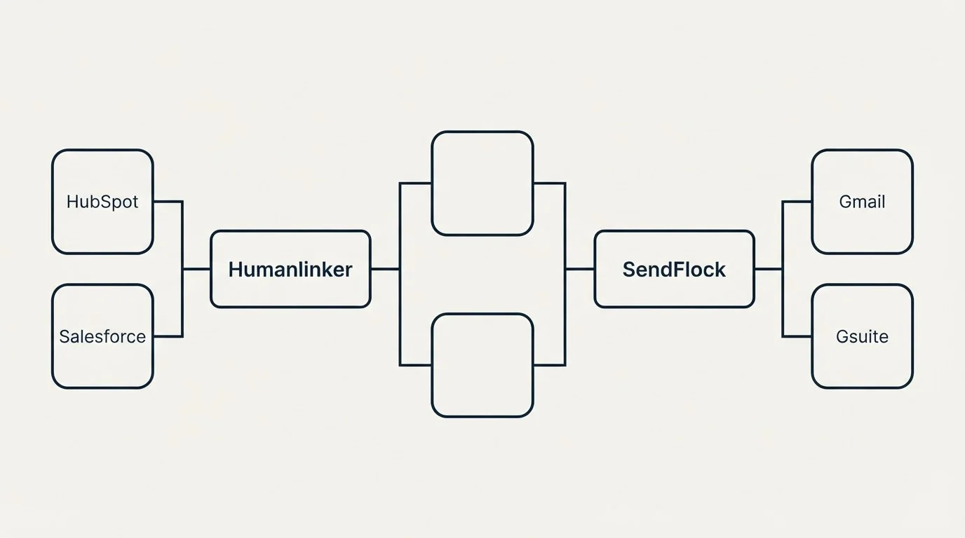 Integration flow: Integration Ecosystem (Humanlinker, SendFlock, HubSpot, Gmail)